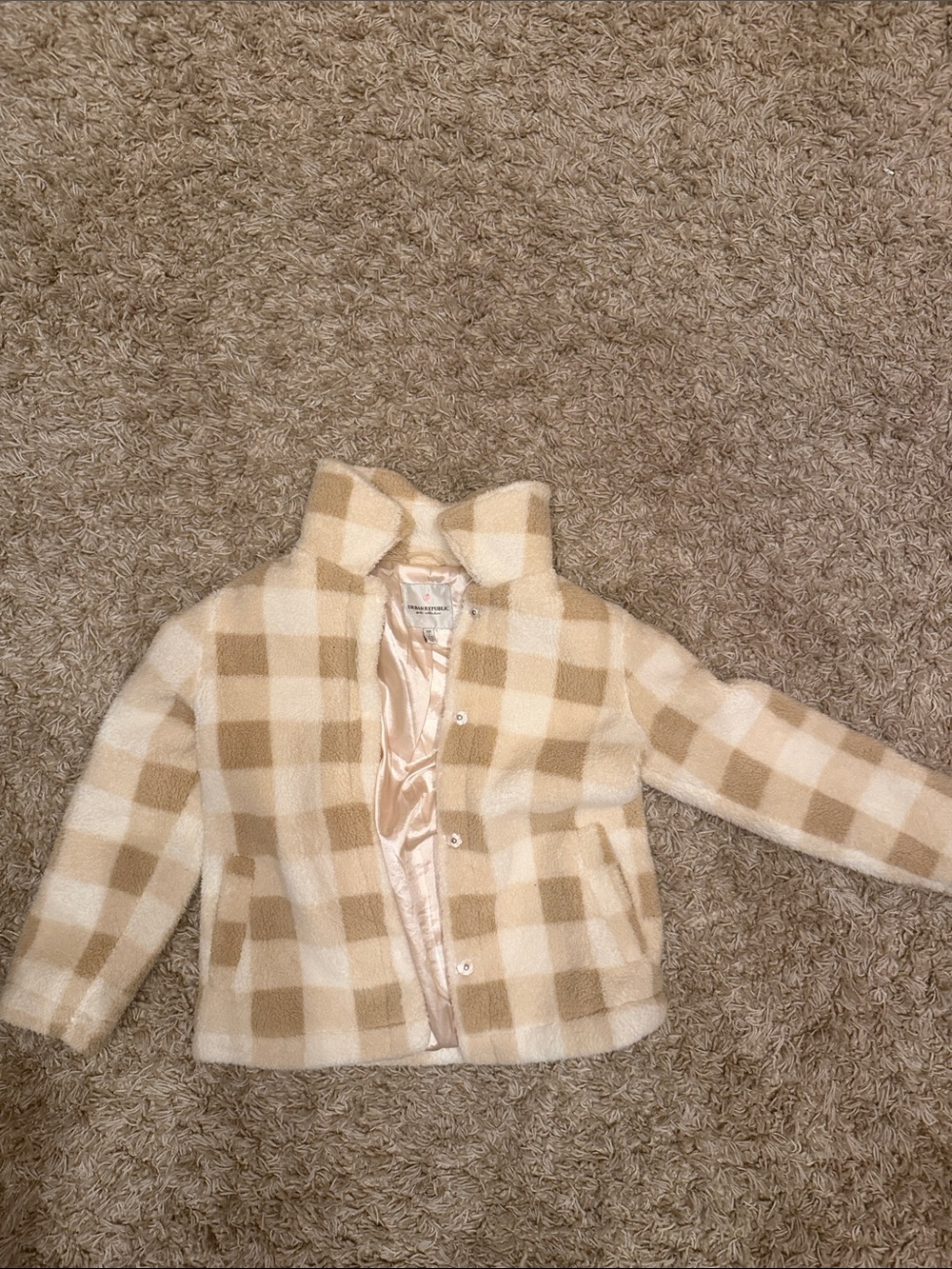 Urban Republic Cream and Tan Plaid Sherpa Pea Coat